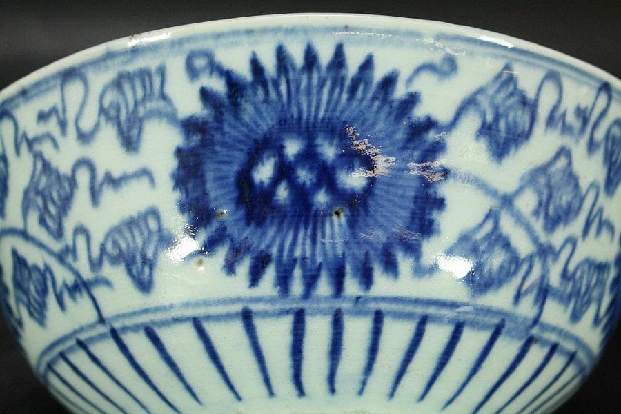 中国美術 青花 染付 纏枝蓮花紋 碗 φ18cm N809