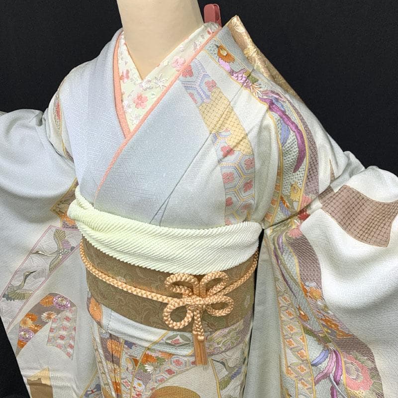 601z8〇総刺繍 振袖 スワトウ刺繍 束ね熨斗 淡い水色〇美品 成人式 結婚式