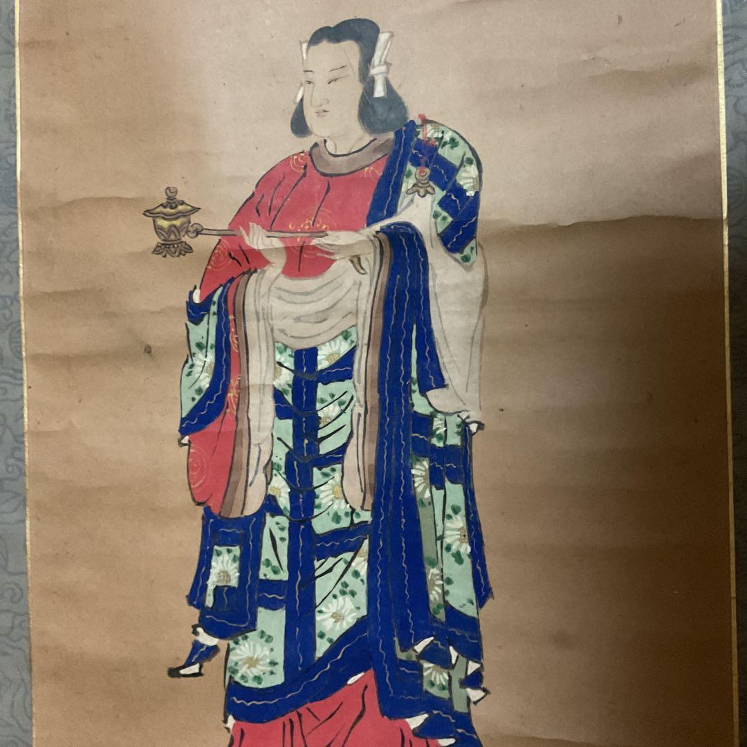 菊池容斎筆 人物像 紙本彩色掛軸 特製木箱