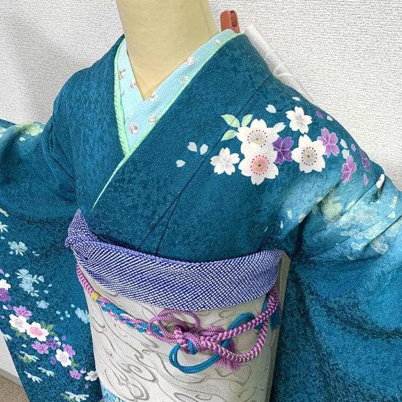 511z31.帯締め〇金通し 振袖 地紋 桜 菱 地紙 青緑〇美品 成人式