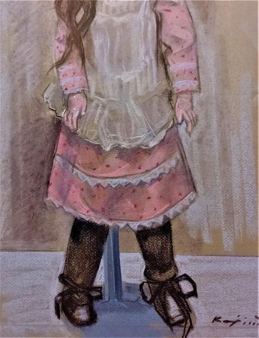 小島俊男　タイトル「人形」　パステル画　サインあり　金縁額装　黄袋、専用箱付き