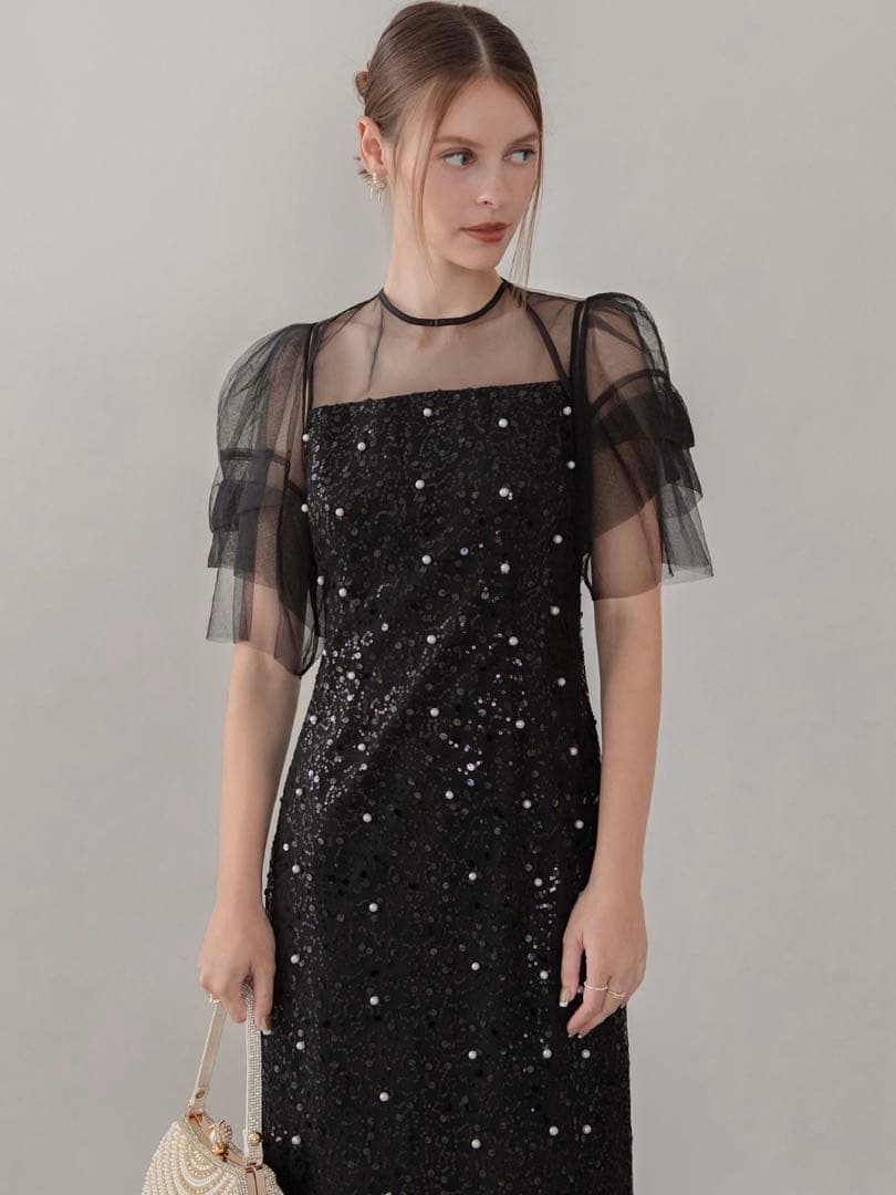 スパンコールパールミックスボレロIラインワンピースドレス結婚式二次会パーティー