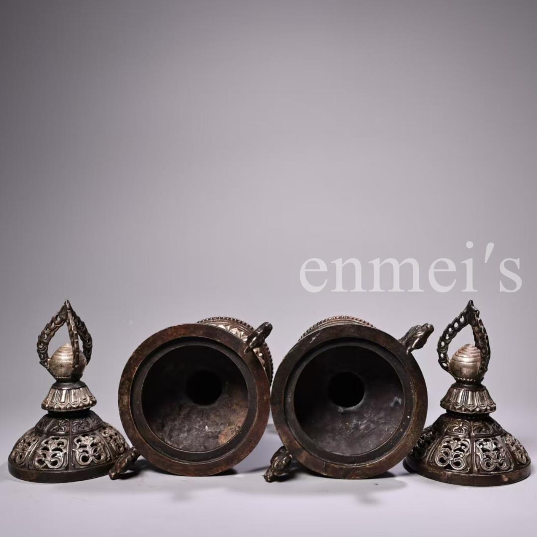 中国古美術・錾刻鎏銀 吉祥八宝鳳耳香炉セット・純銅製・高浮彫・熏香爐・仏具・置物