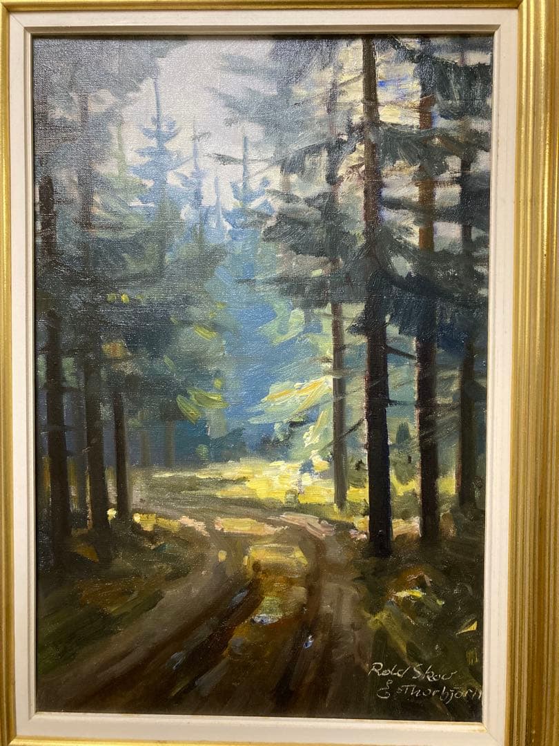 油彩　油絵　肉筆　ロルドの森　<Ｅ・T horbjorn> サイン額装有り