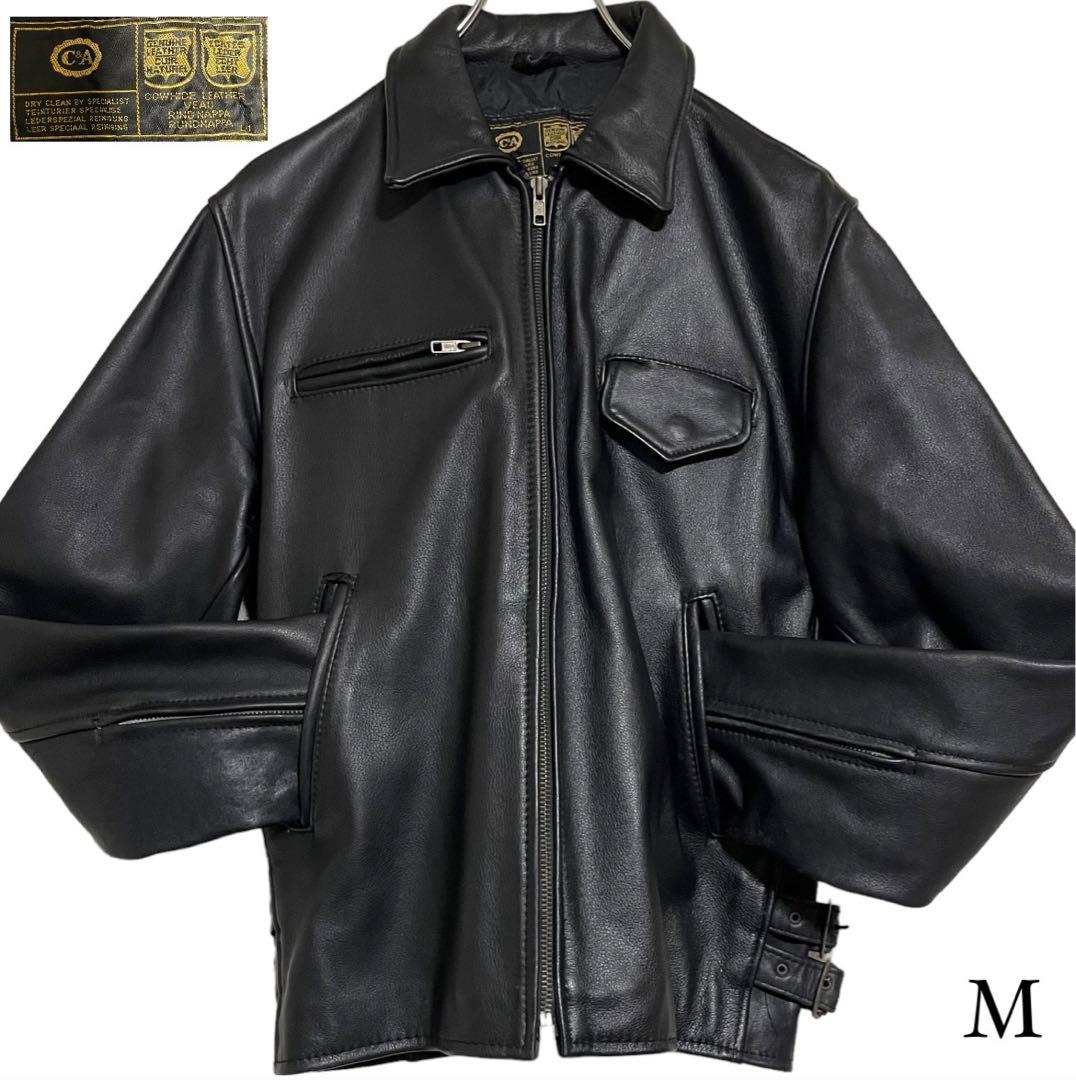 【vintage】牛革 本革 カウハイドレザーシングルライダースジャケット 黒M