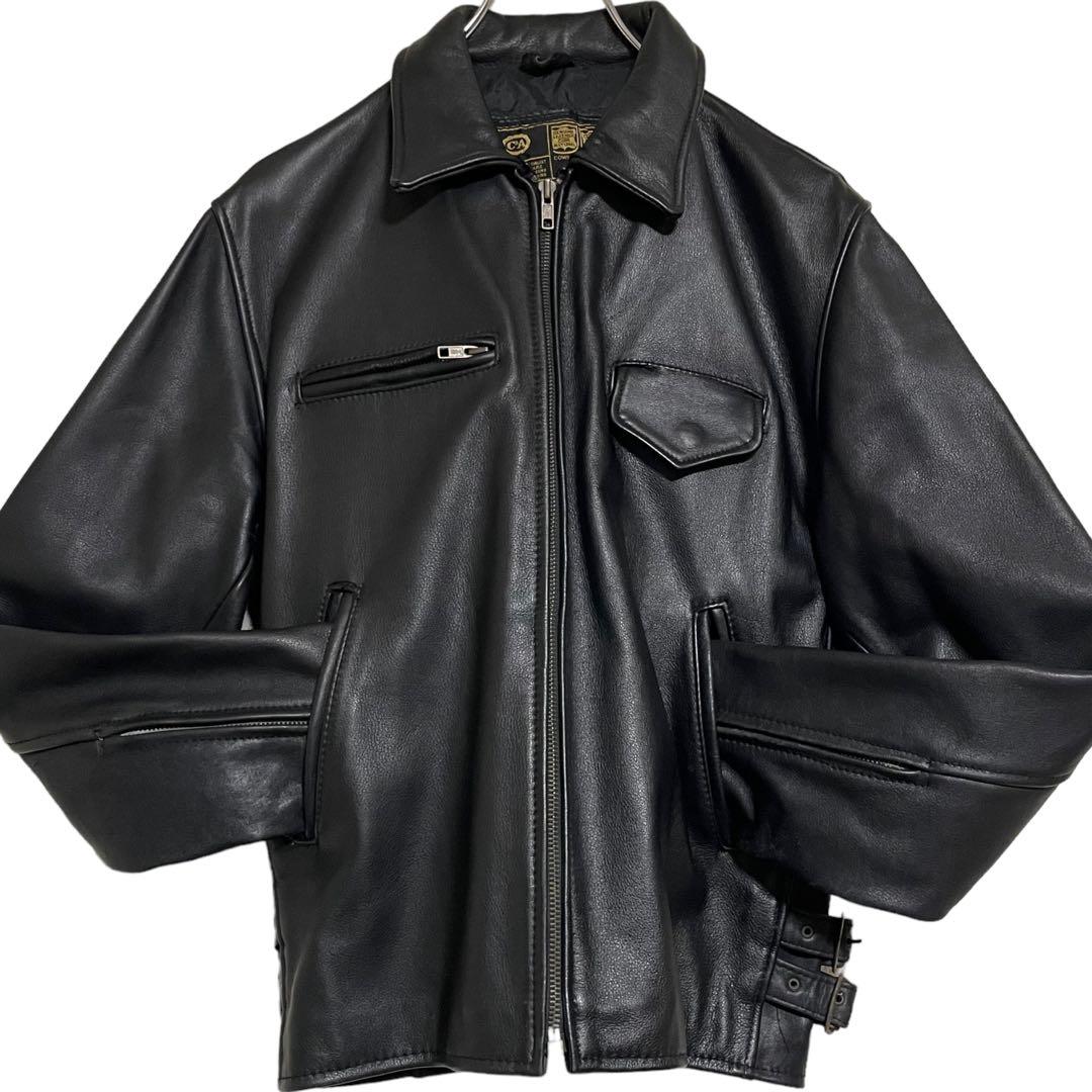 【vintage】牛革 本革 カウハイドレザーシングルライダースジャケット 黒M