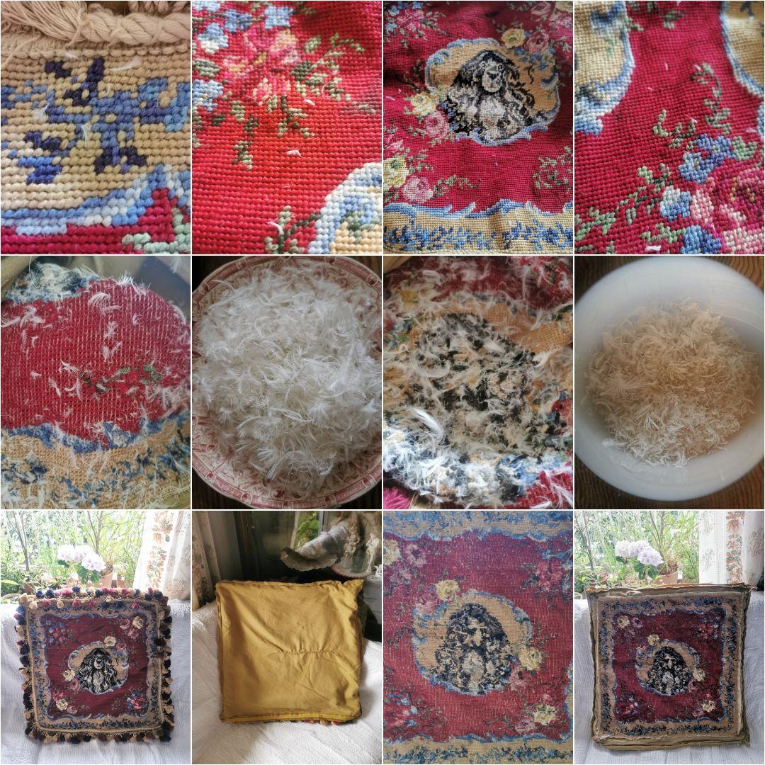 アンティークニードルポイント プチポワン犬と薔薇 色糸タッセル付クッションカバー