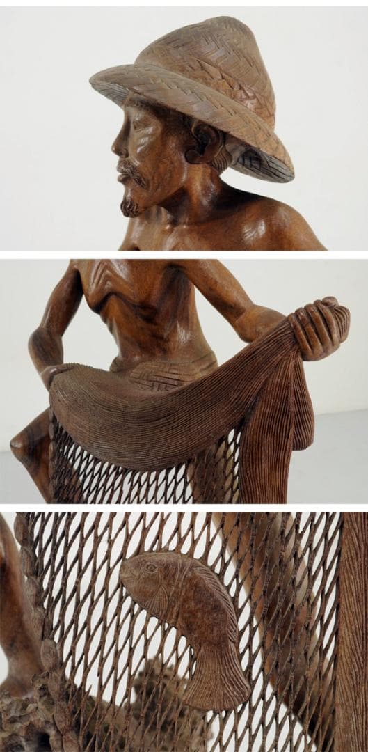 ★高級チーク無垢一本彫り 木彫『投網の男』