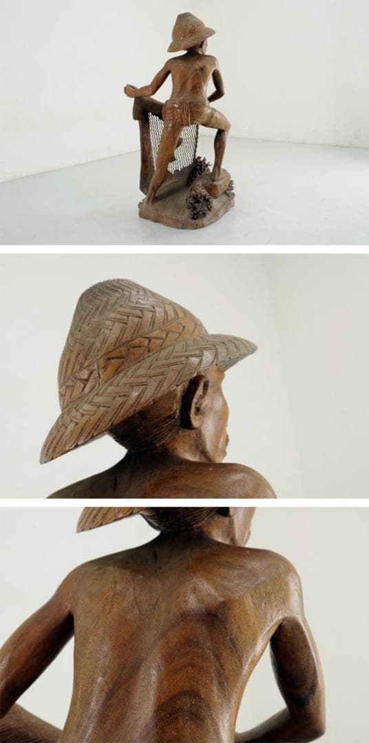 ★高級チーク無垢一本彫り 木彫『投網の男』