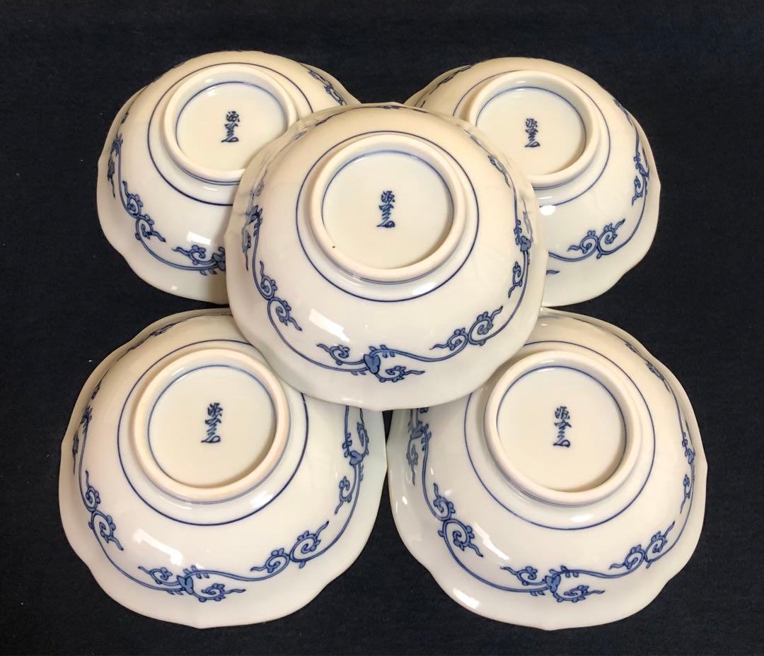 《レ》有田焼 源右衛門作 輪花 染付四海波 小鉢5客 共箱　251201お2