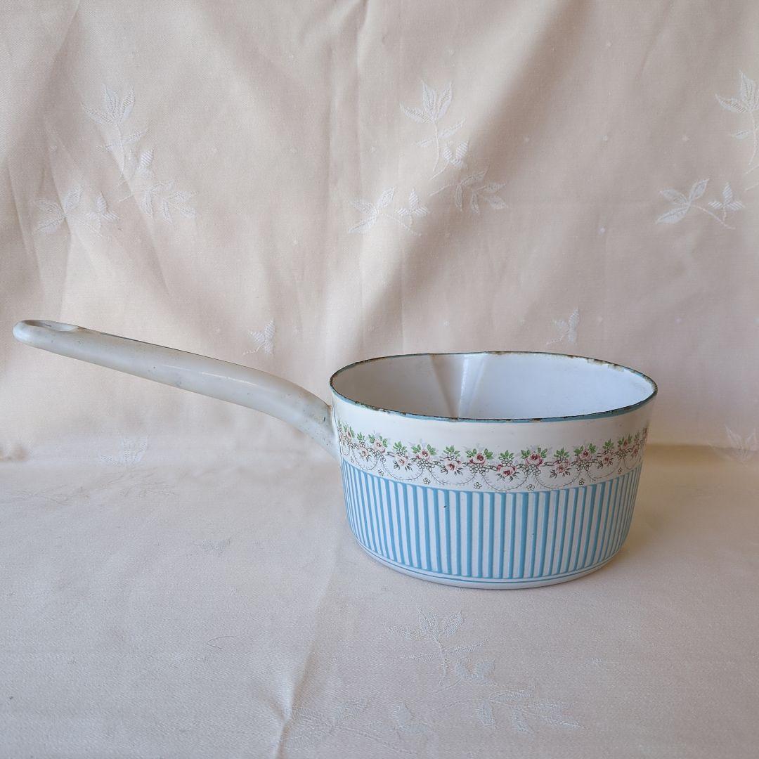 フランスアンティーク ホーロー片手鍋 BB社 ローズガーランド