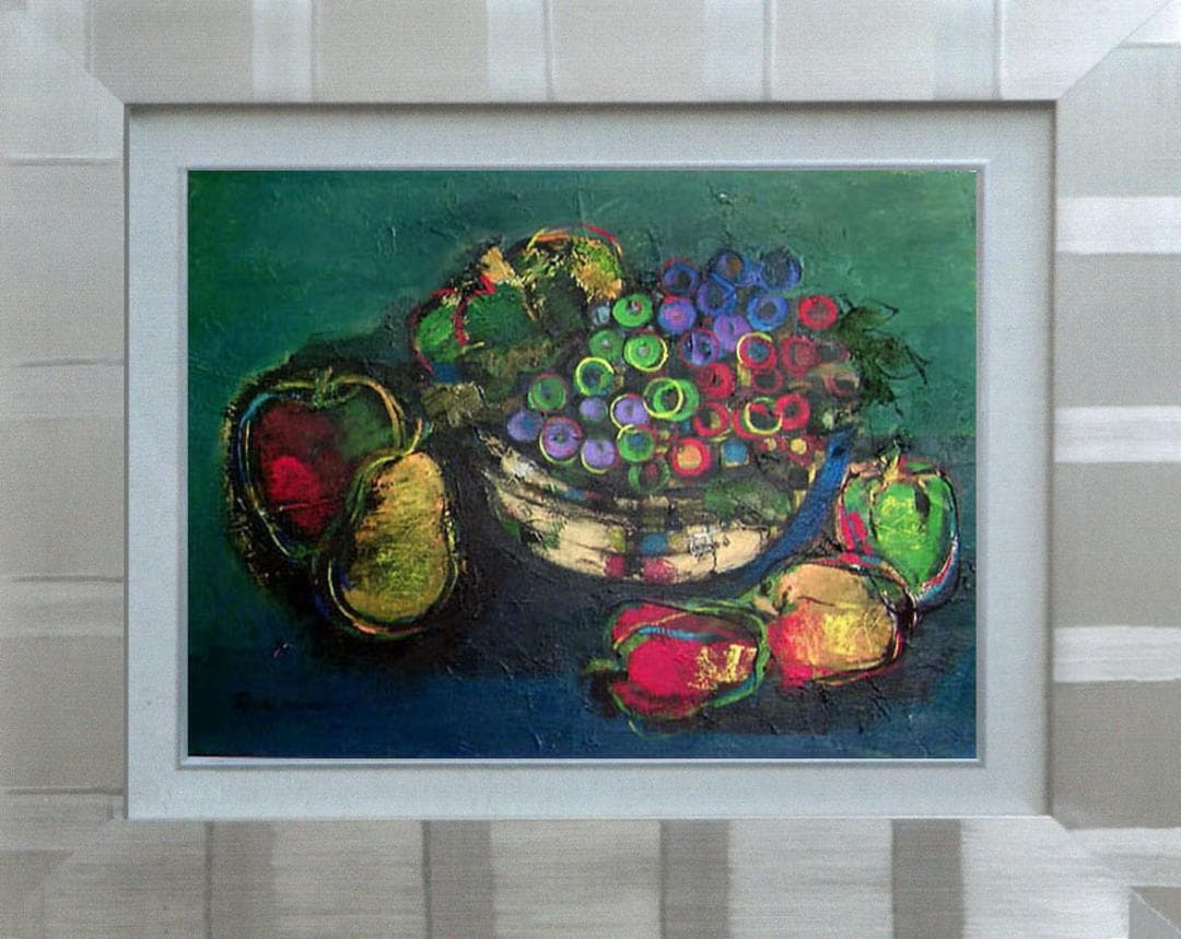 油絵 絵 絵画インテリア 額付(青緑＋金色の枠) uF6-061304 静物果物