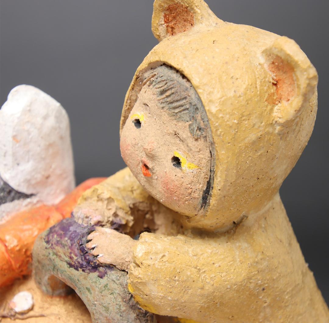 林義雄 作『犬張子と子供』箱無 童塑 陶人形 ＹＯＳＨＩＯ Ｈ 童画家 絵本画家
