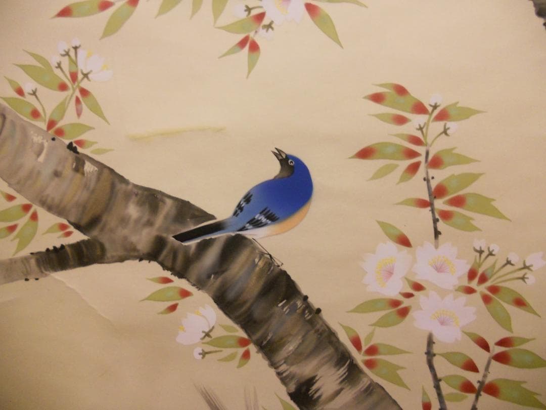 掛け軸 岡野山雪 『 桜花遊鳥 』 絹本 希少 軸装 茶道具 掛軸 です。