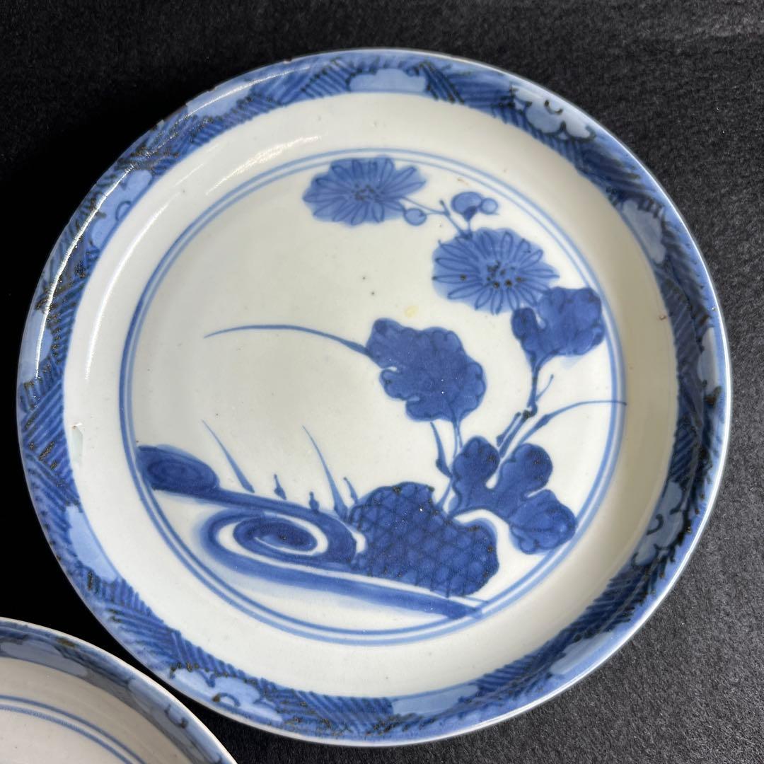 江戸中期　藍九谷中皿2枚　直径約15㎝　東Y8-0106☆2F