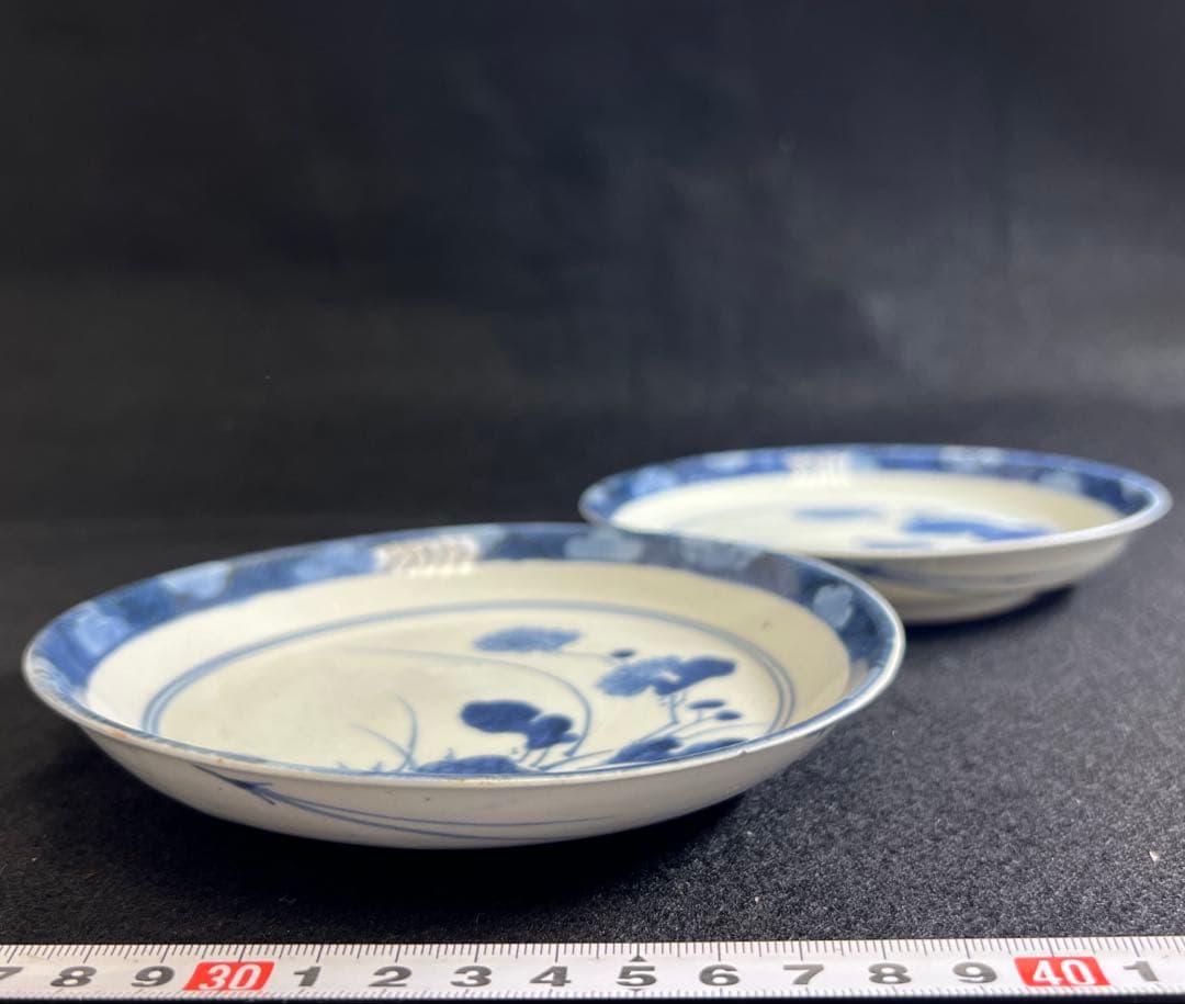 江戸中期　藍九谷中皿2枚　直径約15㎝　東Y8-0106☆2F