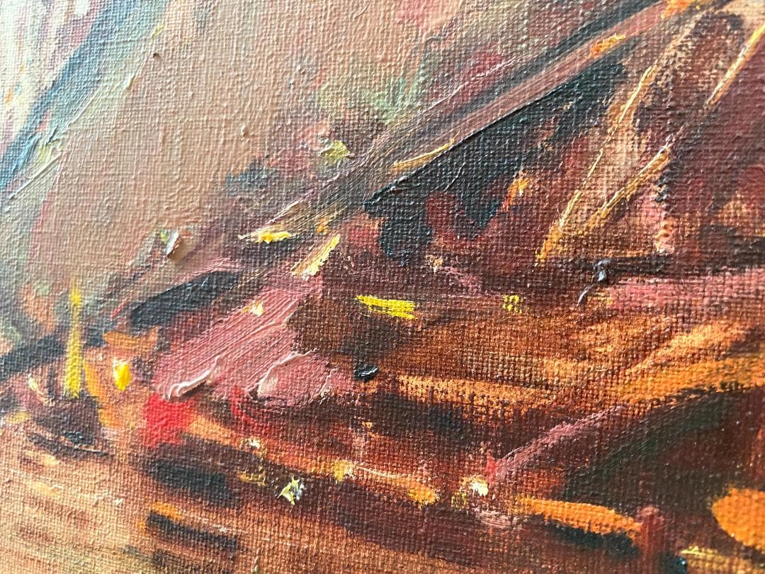 スジョノ・アブドゥラ 『漁船』1977年油彩画 136×72cm 直筆署名額付