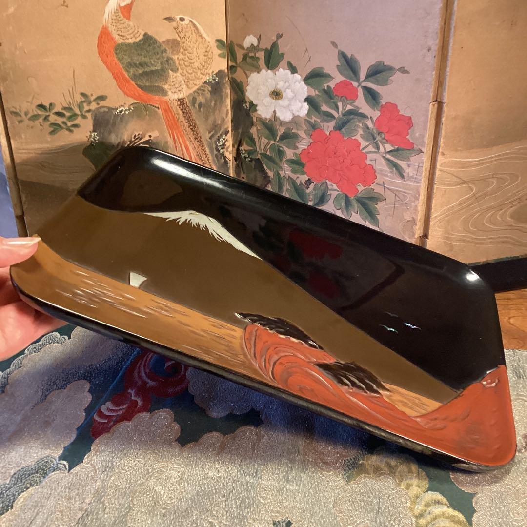 A1039 木製輪島塗　富士山　蒔絵　角盆　1枚