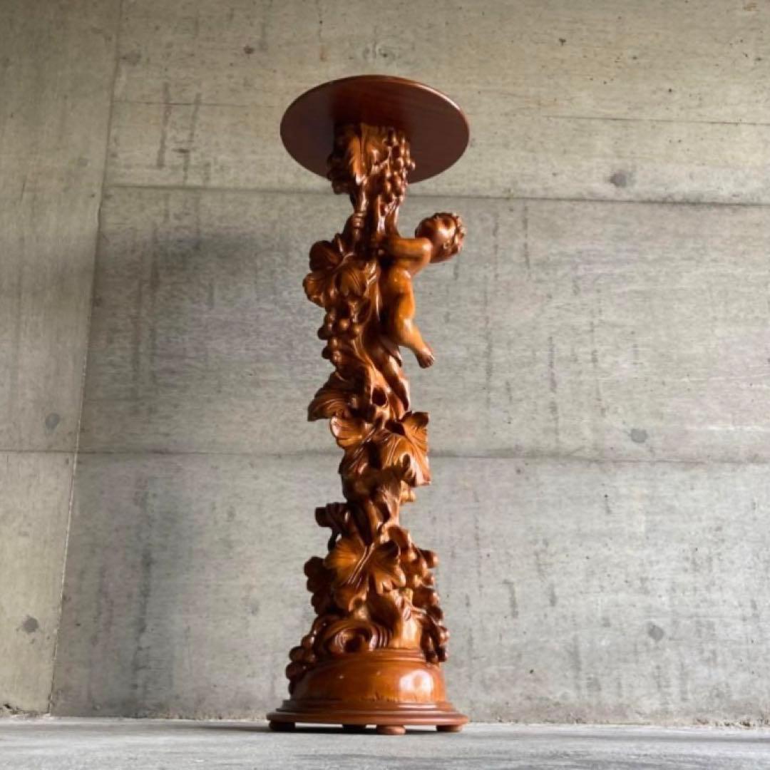 飾り台 花台 スタンド テーブル 大型 木製 木彫り 彫刻 天使 リーフ レトロ