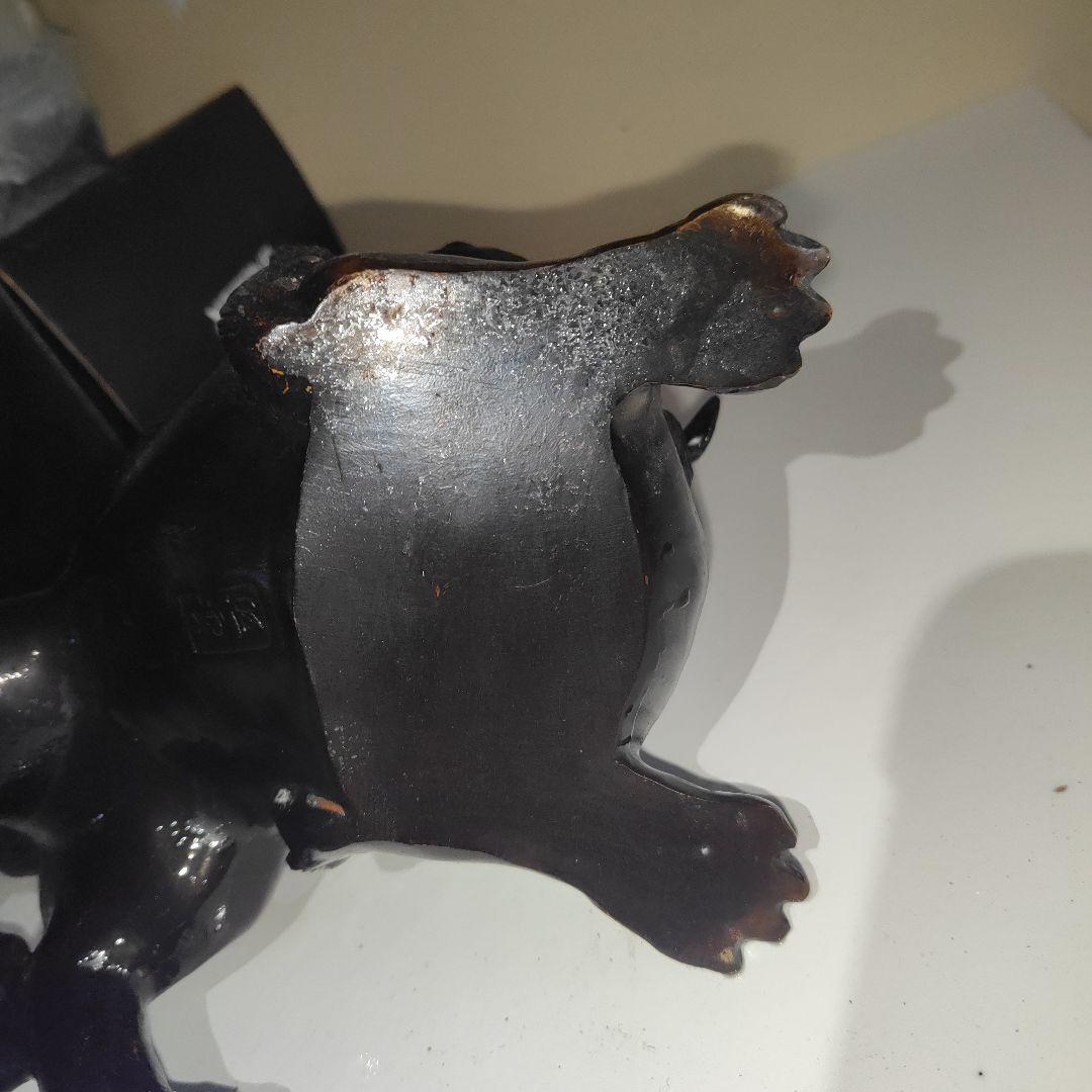 【美品】牡丹獅子 照雲作　青銅製　置物 黒漆調 魔除け 縁起物 彫刻