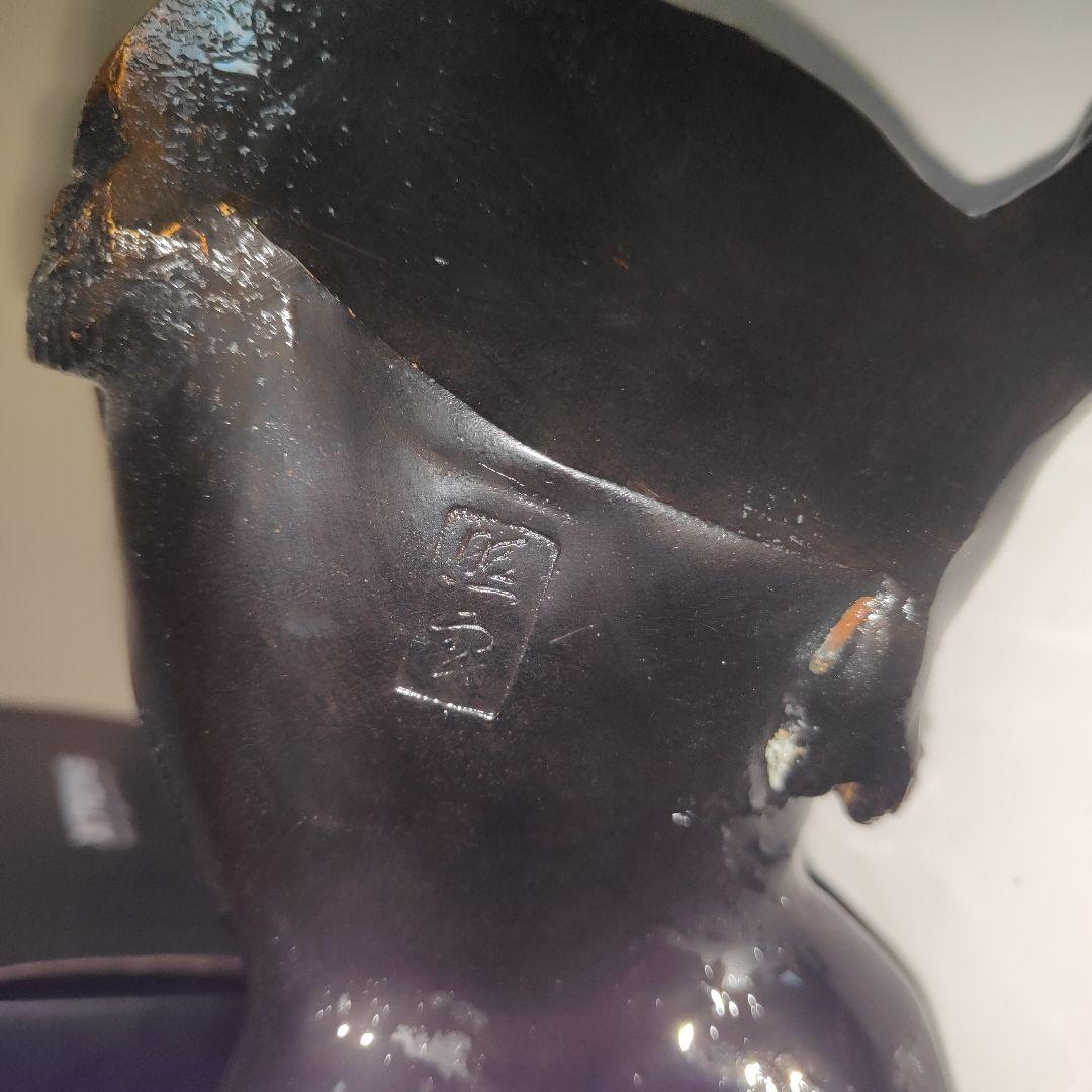 【美品】牡丹獅子 照雲作　青銅製　置物 黒漆調 魔除け 縁起物 彫刻