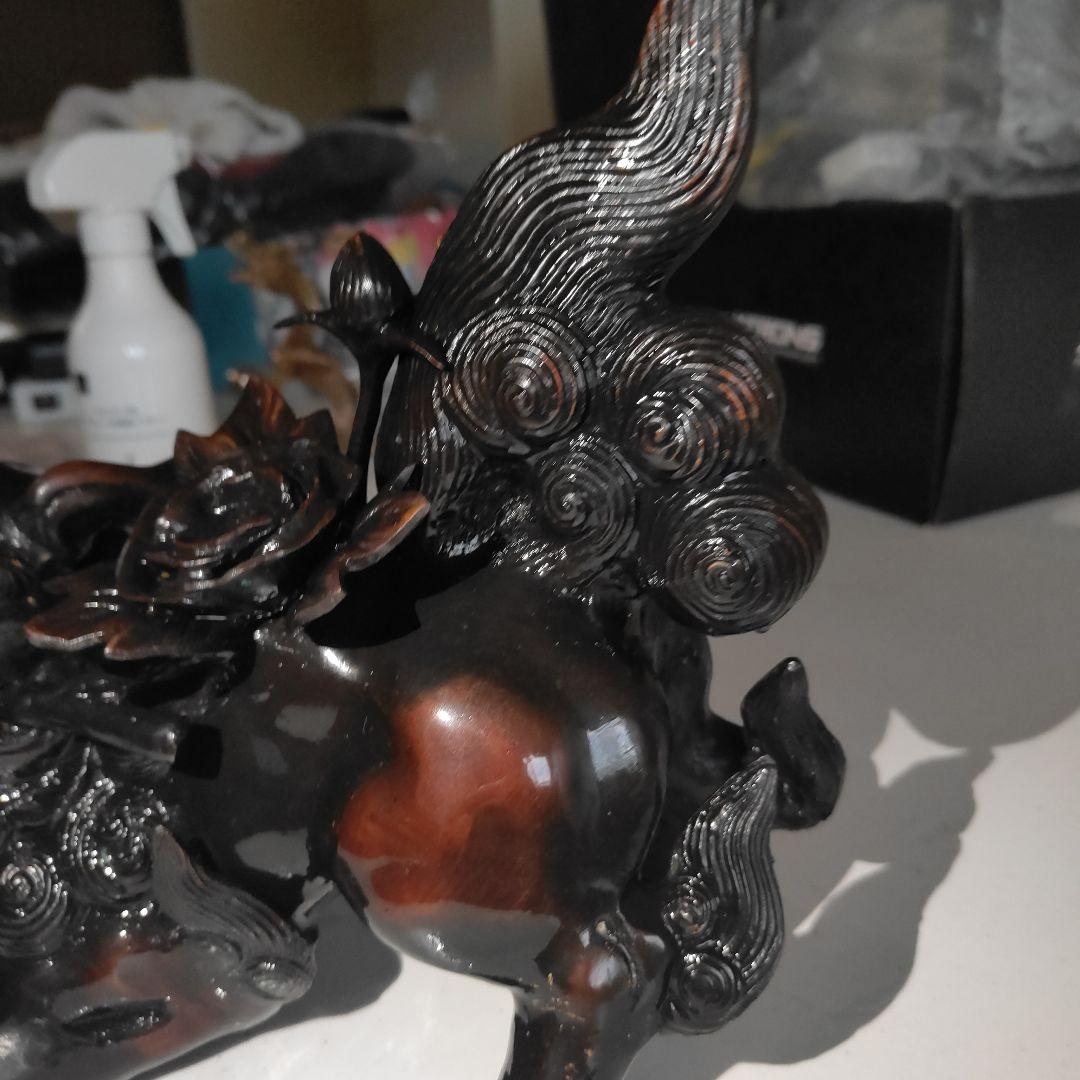【美品】牡丹獅子 照雲作　青銅製　置物 黒漆調 魔除け 縁起物 彫刻