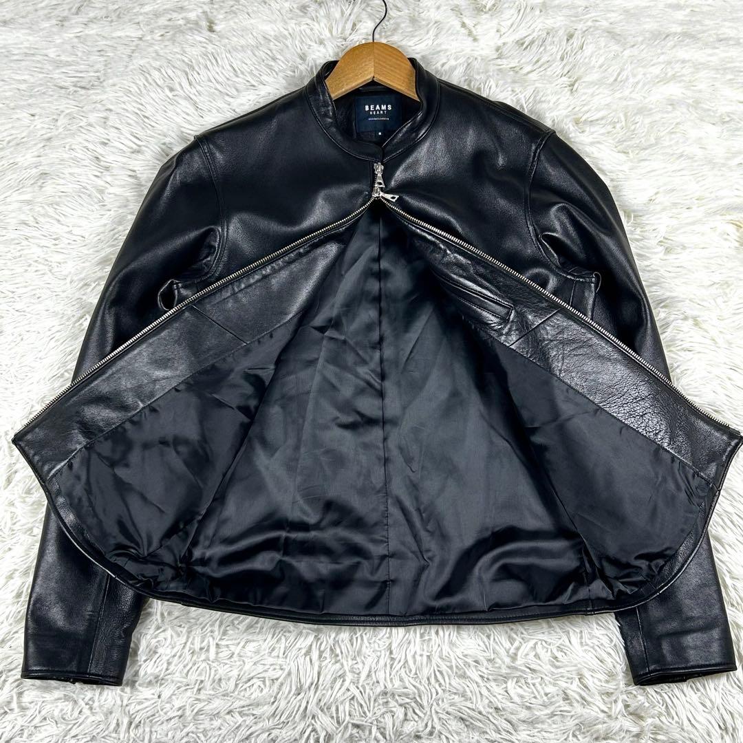 極美品 ビームスハート ダブルジップ シングルライダースジャケット 羊革 黒 秋