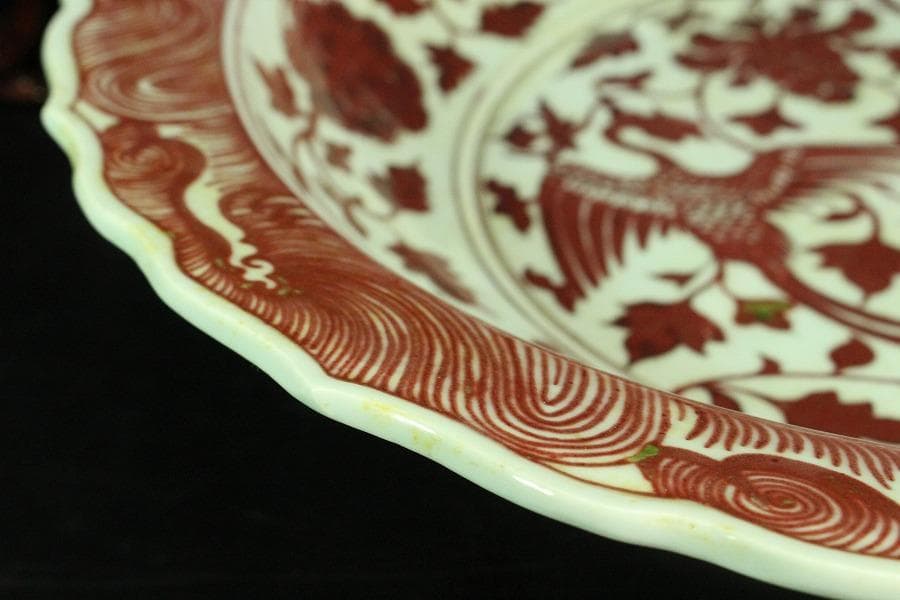 中国美術 釉裏紅 纏枝蓮花鳳紋 折口皿(K-A837)