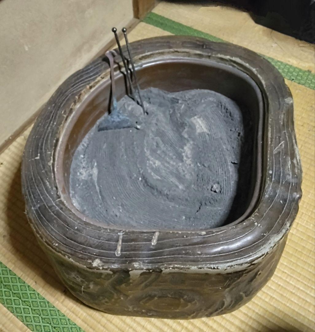 火鉢 灰 道具付★大型 切り株 木製 火鉢 レトロ 銅 手焙り