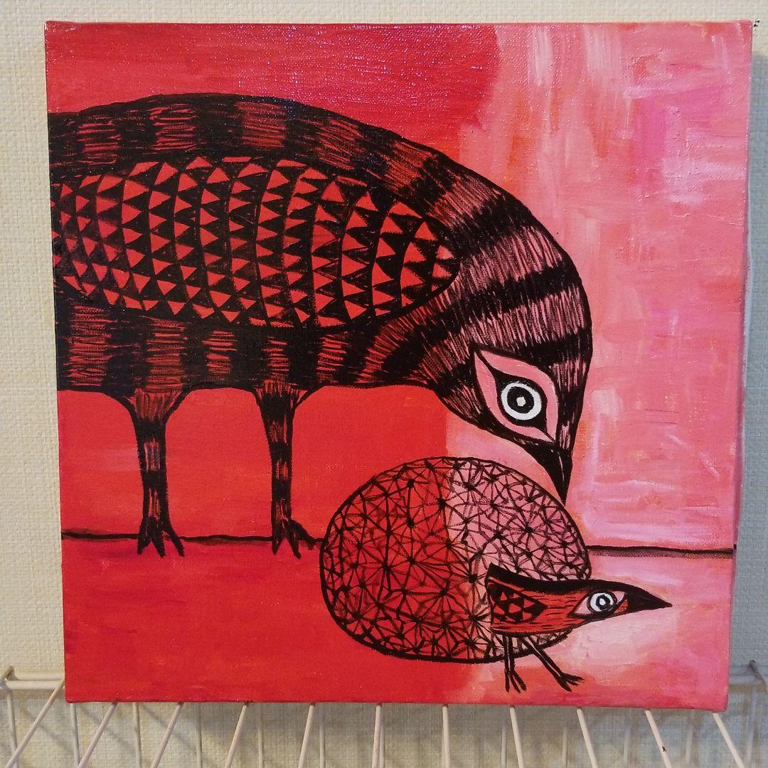 油絵　卵のふ化を見る鳥