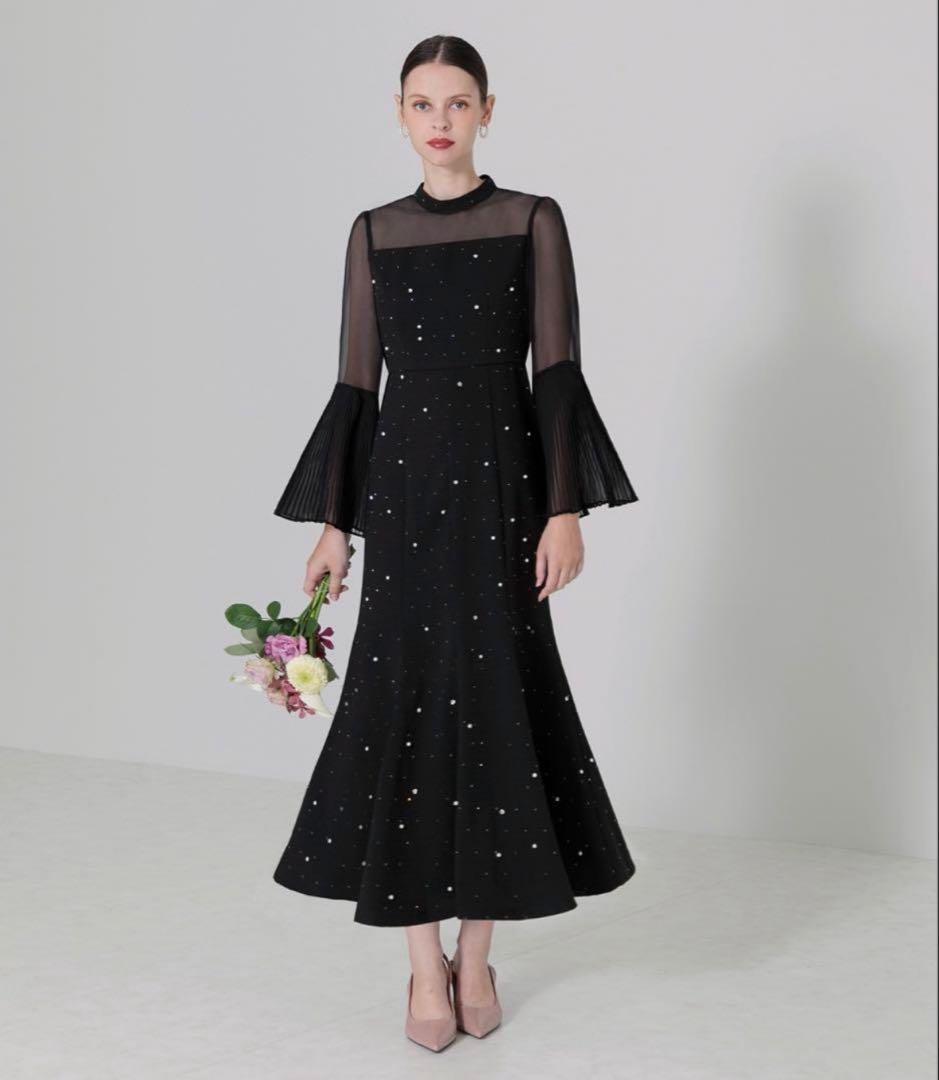 LEJA パールビジュー付き透け感プリーツフレアスリーブビーズマーメイドドレス