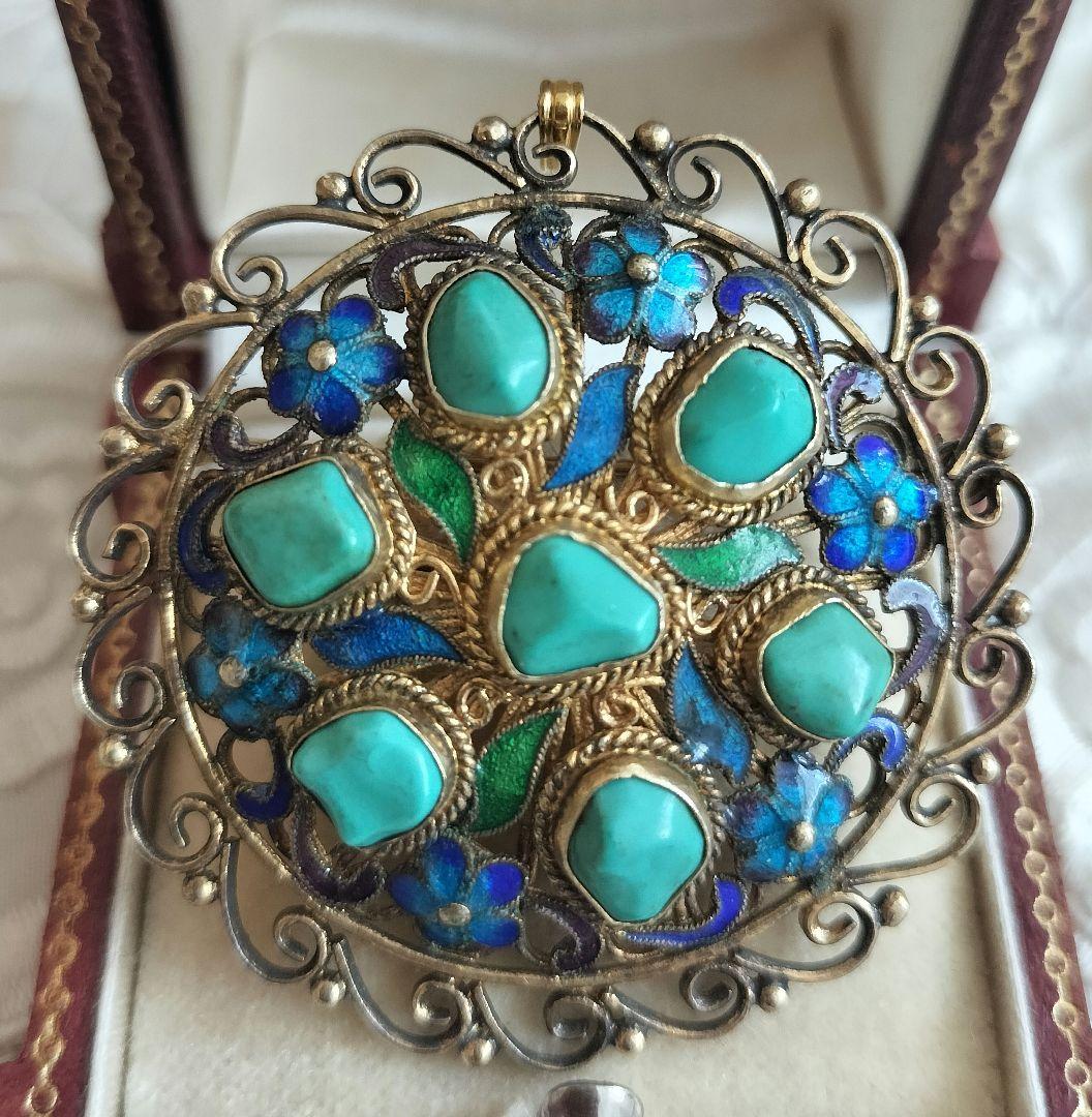 中国七宝 ターコイズ ブルーエナメルフラワーブローチ兼ペンダントトップ 銀線細工