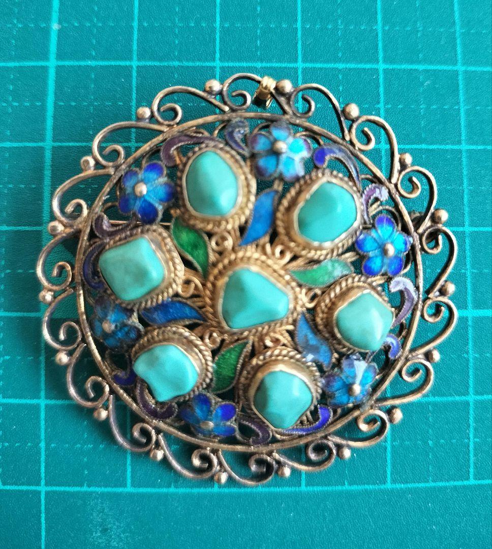 中国七宝 ターコイズ ブルーエナメルフラワーブローチ兼ペンダントトップ 銀線細工