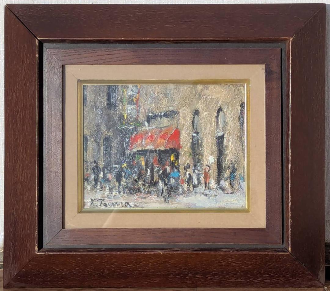 【真作】絵画　油彩0号　賑わう街角　赤いテントのカフェ風景画　Y164