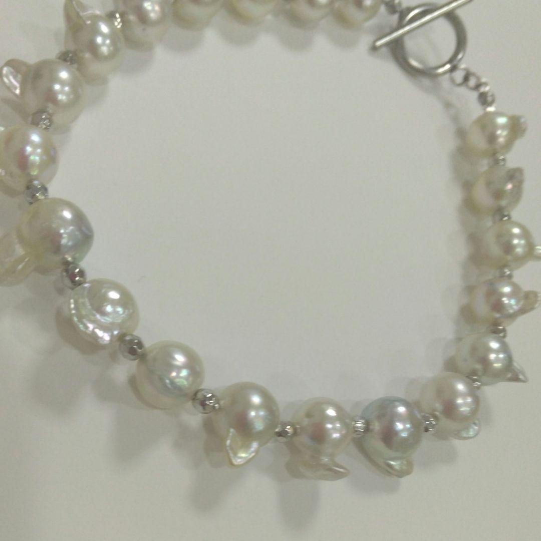 たっかー、あこや真珠羽珠、無調色ホワイト系、ツノツノマンテルブレスレット