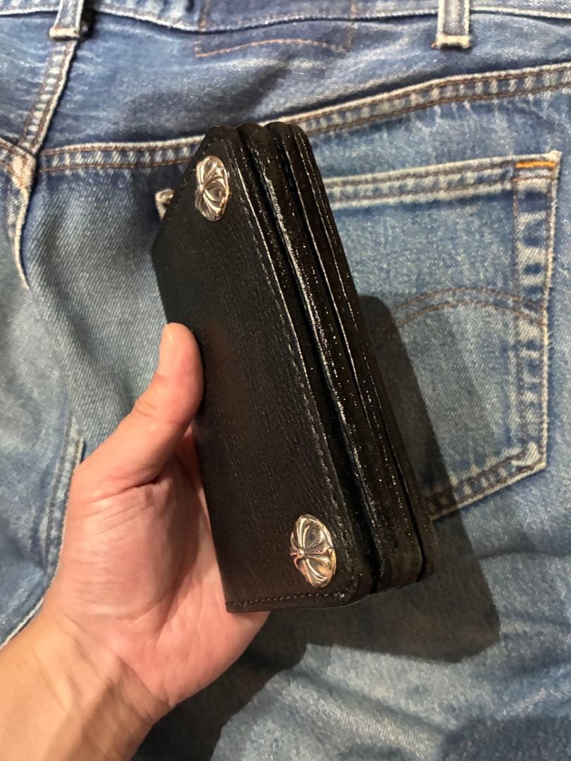 トラッカーウォレット　ミドルサイズ　シボ革　シルバー925クロスボールコンチョ