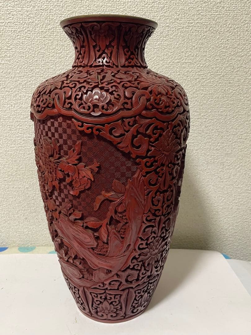 中国美術　堆朱　剔紅花瓶　美品アンティーク　高さ約39㎝