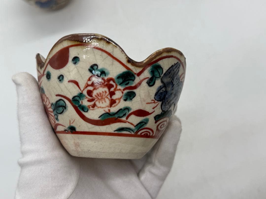 時代　赤絵花口鉢5点　春逸作　送料込み250611