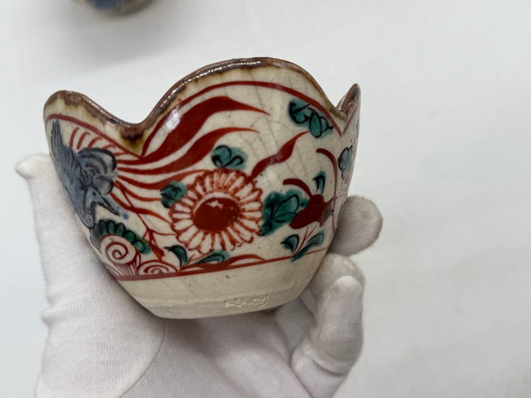 時代　赤絵花口鉢5点　春逸作　送料込み250611