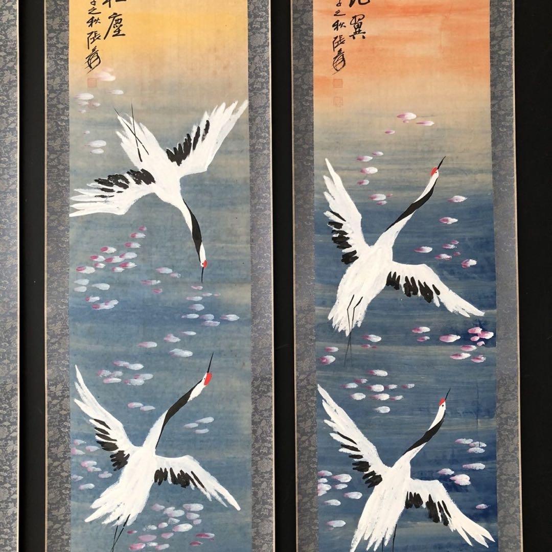 中国 花鳥画 掛け軸 四条屏 鶴 手描き 水墨画 中国美術 インテリア