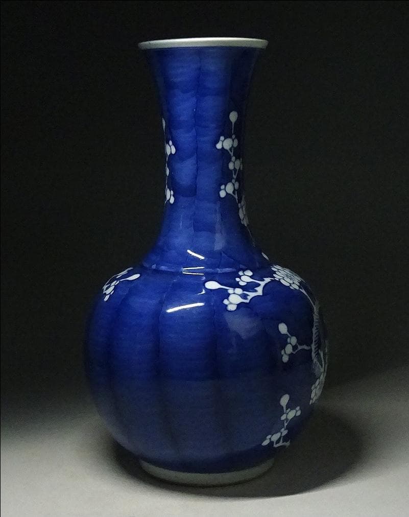 中国古玩 景徳鎮製 青花梅花紋 天球瓶 花瓶 壺 高約34.2cm 唐物 時代物