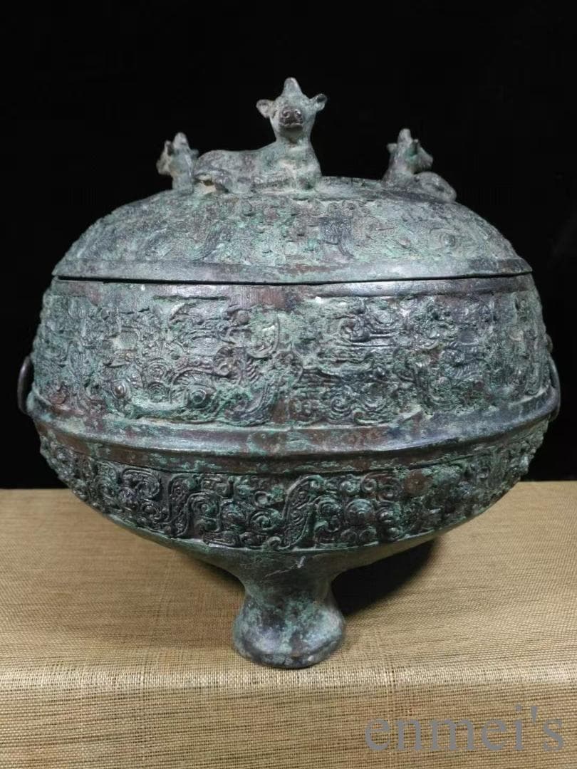 中国古美術 春秋 青銅器 三鹿蟠螭紋 円敦 禮器 食器 耳付造形 古美術 供饌器