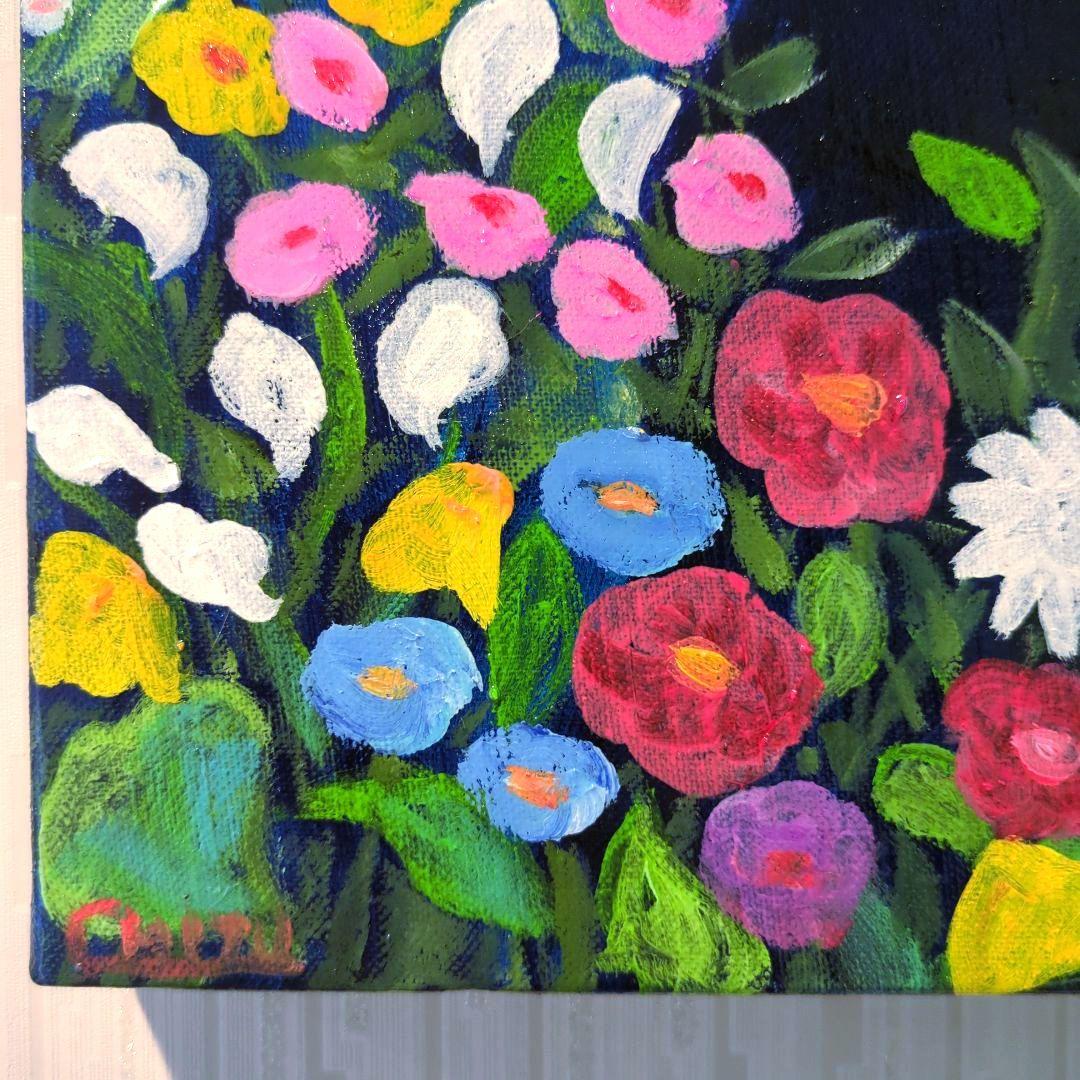 キャンバス油絵　専用   黒猫ガーデン 3　クリムト風フラワーガーデン