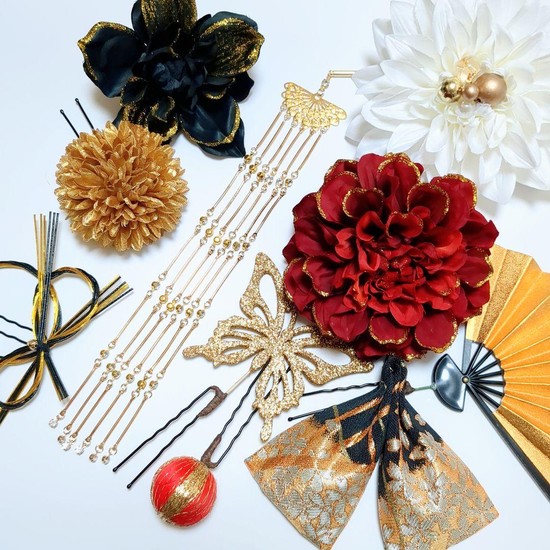 髪飾りViVi～白黒赤金・簪&扇子付き和飾り～成人式 結婚式 花魁 かんざし