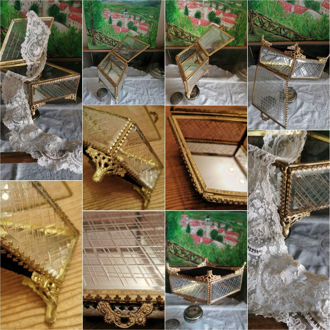 アンティークフランス 格子グラヴィール硝子菱形ジュエリーケース 三つ葉金細工装飾