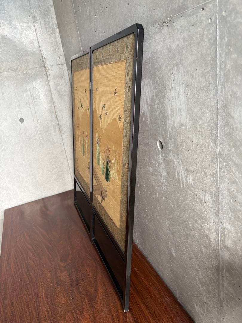 刺繍　屏風間仕切り　パーテーション　菖蒲（あやめ）八つ橋（やつはし）　つばめ