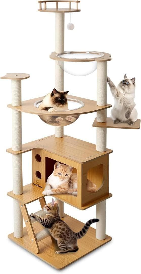 キャットタワー 木製 スリム 宇宙船 据え置き 高い安定性 運動不足解消 165