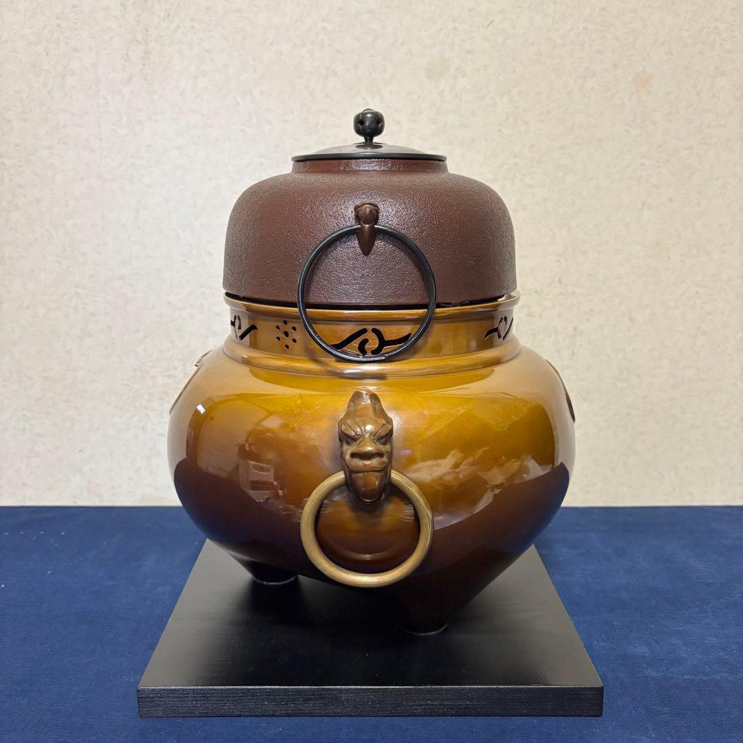 人間国宝敬典造/風炉/茶釜/電熱器/唐銅鬼面風炉釜/野々田製電熱器/敷板/茶道具
