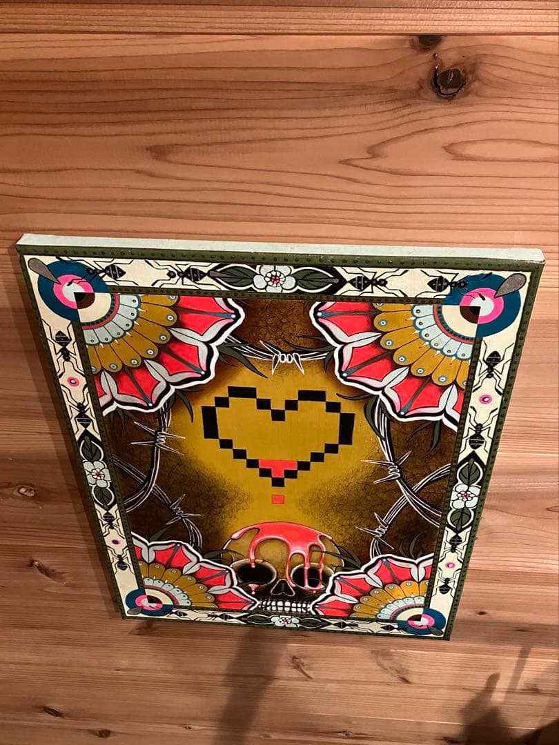 現代アート 油彩画 肉筆 一点物 スカル ピクセルハート F6号相当 ガレージ