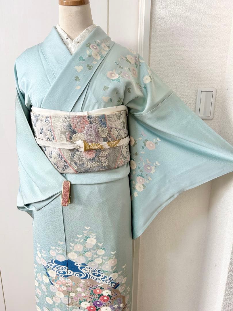 美品　人気の水色　正絹訪問着　フルセット4点　卒業式　入学式　七五三　お宮参り